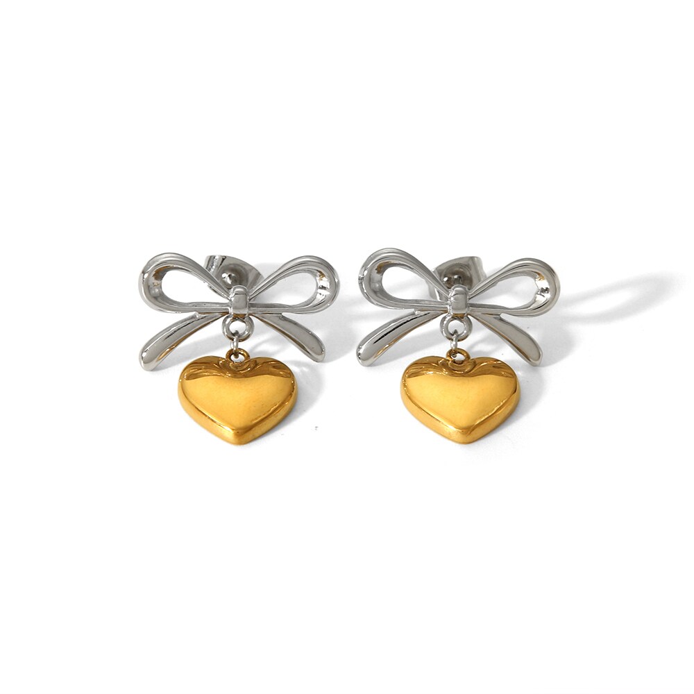 1 Pair Simple Sweet Style Bow Knot Heart Shape Stainless Steel 18K Gold Plated Women's Drop Earrings 